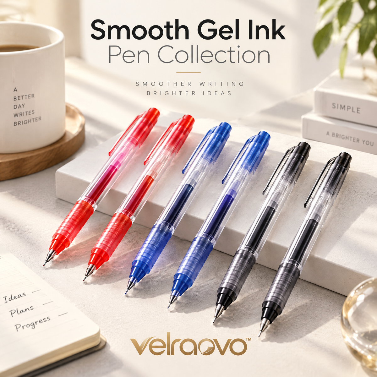 velraovo™ 0.5mm Fine Point Gel Ink Pens Set - Smooth Writing Quick Drying Black, Blue & Red Aesthetic Pens for Note-Taking, Math, Journaling & Office Stationery Supplies