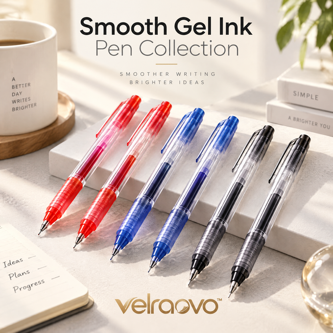 velraovo™ 0.5mm Fine Point Gel Ink Pens Set - Smooth Writing Quick Drying Black, Blue & Red Aesthetic Pens for Note-Taking, Math, Journaling & Office Stationery Supplies