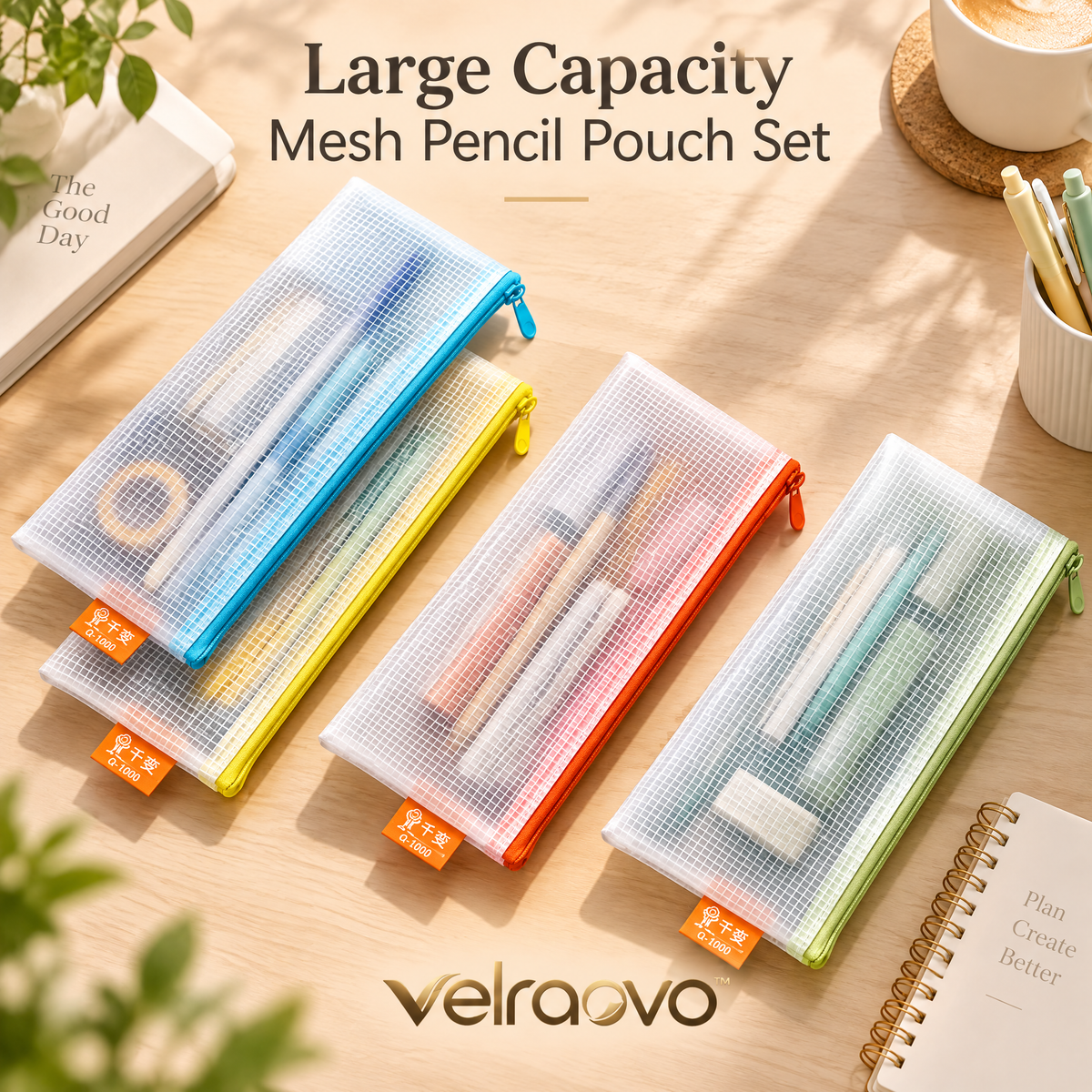 velraovo™ Large Capacity Transparent Mesh Pencil Case - Aesthetic Grid Pen Pouch Organizer with Smooth Zipper for School Supplies, Makeup Brushes & Office Desk Storage