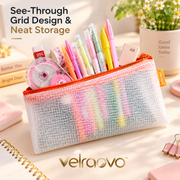 velraovo™ Large Capacity Transparent Mesh Pencil Case - Aesthetic Grid Pen Pouch Organizer with Smooth Zipper for School Supplies, Makeup Brushes & Office Desk Storage