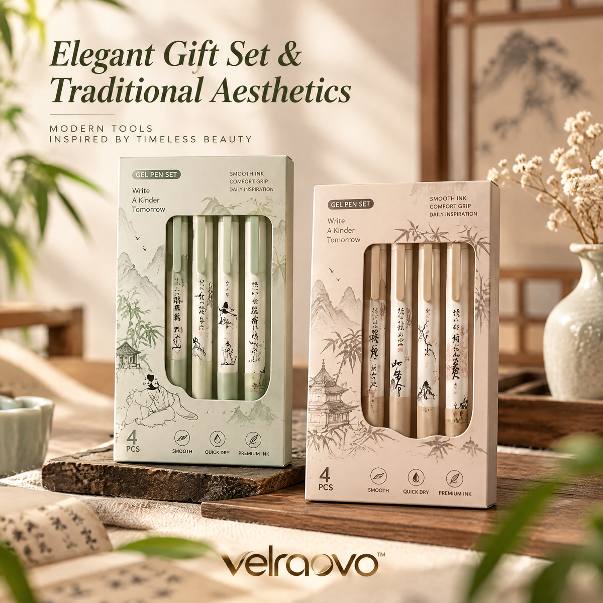 velraovo™ Poetic Theme Aesthetic Gel Pen Set - 4Pcs 0.5mm Extra Fine Black Ink Pens with Vintage Literary Design, Smooth Writing Luxury Stationery Gift for Writers and Students