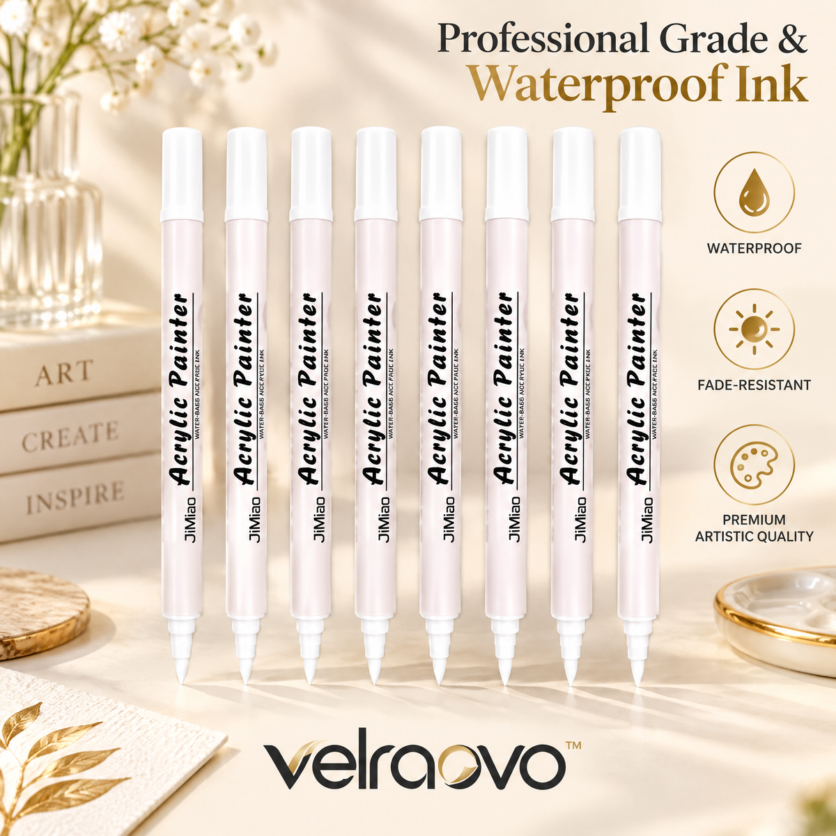 velraovo™ Acrylic Paint Marker Pens Set - 8 Pack White Fine Tip Waterproof Paint Pens for Rock Painting, Wood, Canvas, Glass, Ceramic, Metal & DIY Craft Projects (Fade-Resistant)