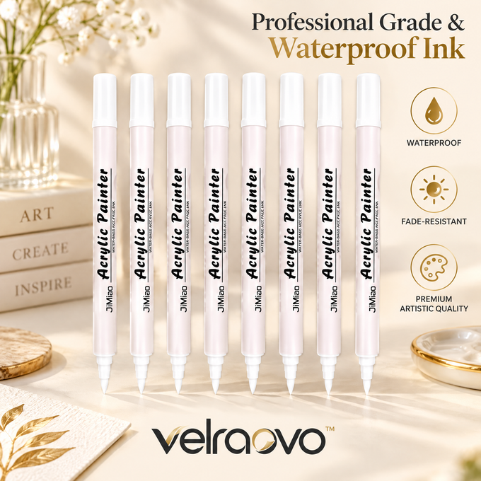 velraovo™ Acrylic Paint Marker Pens Set - 8 Pack White Fine Tip Waterproof Paint Pens for Rock Painting, Wood, Canvas, Glass, Ceramic, Metal & DIY Craft Projects (Fade-Resistant)