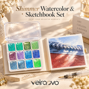 velraovo™ Portable Shimmer Watercolor Paint Set - 12 Metallic & Glitter Pigment Pans with Water Brush Pen, Travel-Friendly Pocket Art Kit for Landscape, Illustration & DIY Card Making