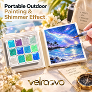 velraovo™ Portable Shimmer Watercolor Paint Set - 12 Metallic & Glitter Pigment Pans with Water Brush Pen, Travel-Friendly Pocket Art Kit for Landscape, Illustration & DIY Card Making
