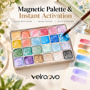velraovo™ Portable Shimmer Watercolor Paint Set - 12 Metallic & Glitter Pigment Pans with Water Brush Pen, Travel-Friendly Pocket Art Kit for Landscape, Illustration & DIY Card Making