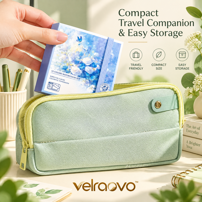 velraovo™ Portable Shimmer Watercolor Paint Set - 12 Metallic & Glitter Pigment Pans with Water Brush Pen, Travel-Friendly Pocket Art Kit for Landscape, Illustration & DIY Card Making