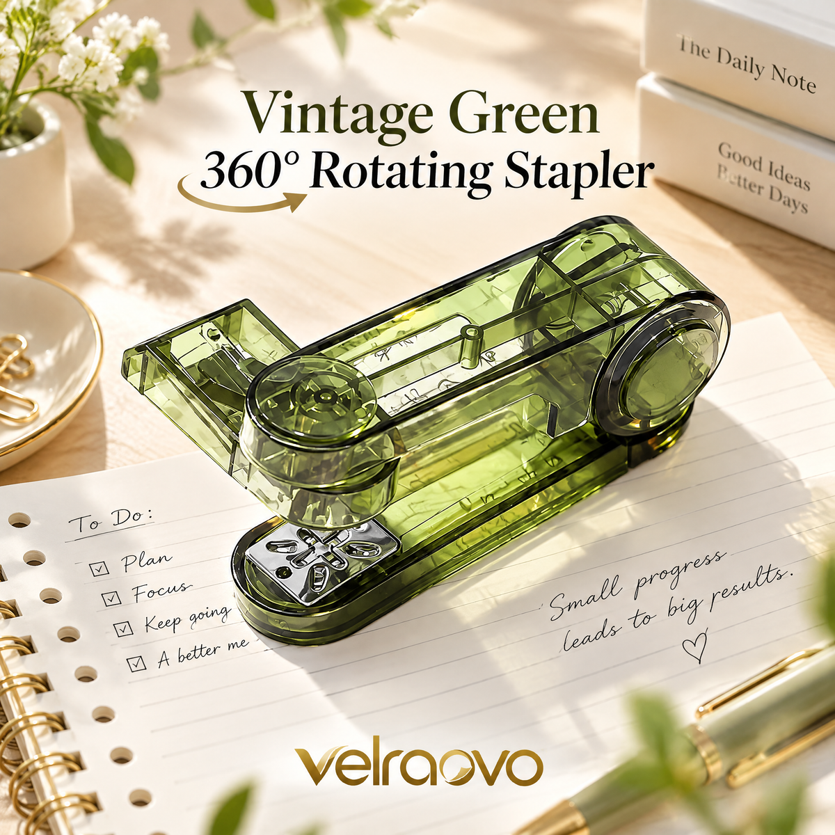 velraovo™ 360-Degree Rotatable Desktop Stapler - Effortless Swing Stapler with Transparent Aesthetic Design, Heavy-Duty Binding Tool for Office, School, Crafting & Booklet Making