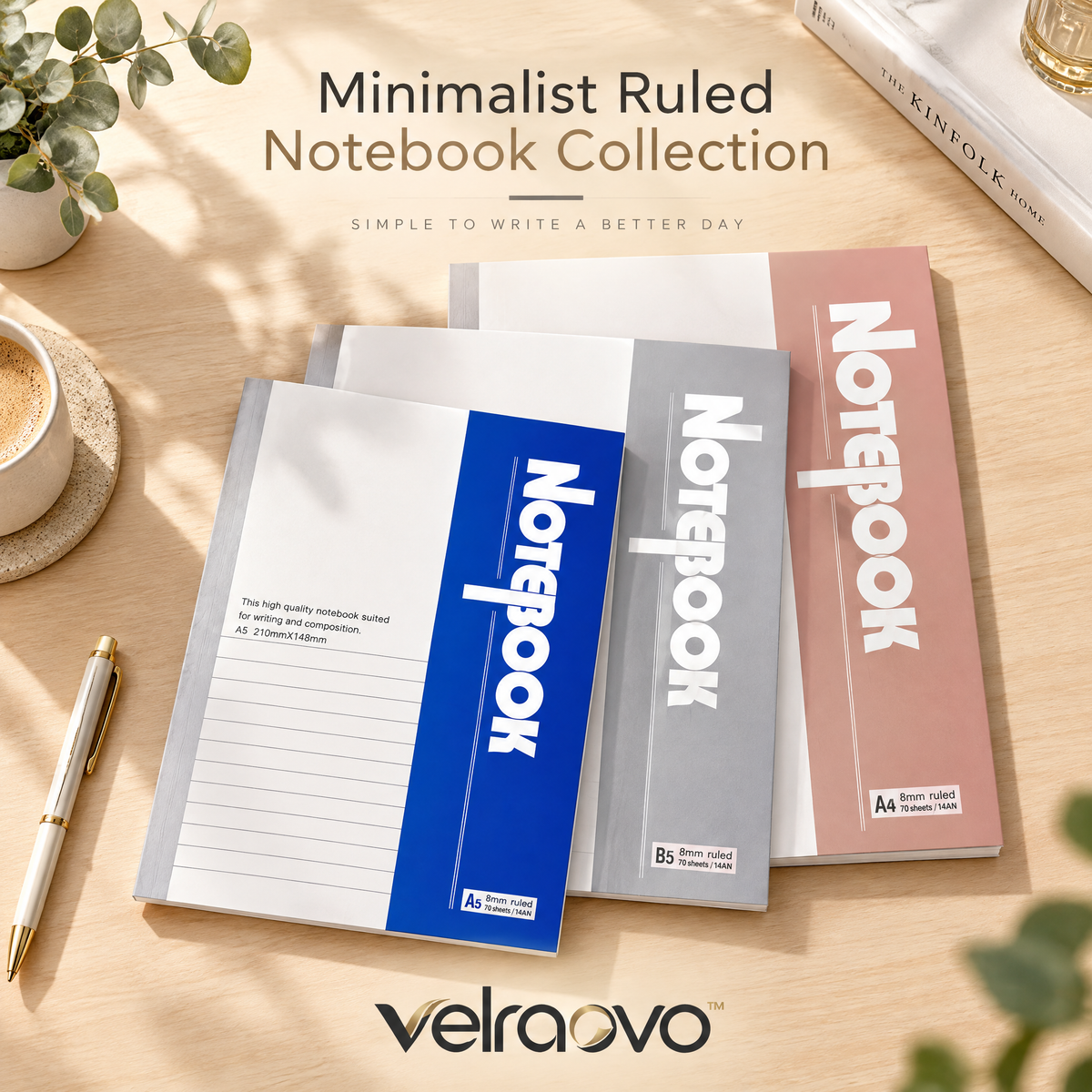 velraovo™ Minimalist Ruled Notebook Collection - A4, A5 & B5 Softcover Writing Journals with 8mm Lined Pages, Smooth Paper for School, Office Work & Daily Journaling (Classic Morandi Tone)