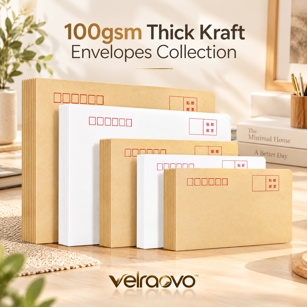 velraovo™ 100GSM Thick Kraft & White Envelopes Assortment - Heavy-Duty Business & Mailing Envelopes with Secure Gummed Seal for Letters, Invoices, Invitations & Document Storage