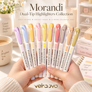 velraovo™ Morandi Dual-Tip Aesthetic Highlighters Set - 10 Pack Soft Color Mild Pastel Highlighter Pens with Chisel & Fine Tips, Smudge-Free No-Bleed Stationery for Bible, Journaling & Study
